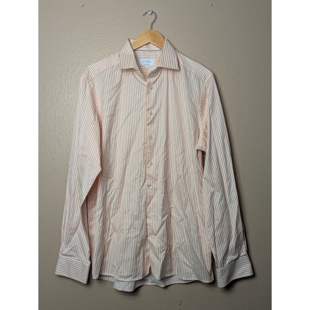 Eton Contemporary Fit Shirt‎ XL 43/17 Peach White Striped Poplin Dress Shirt